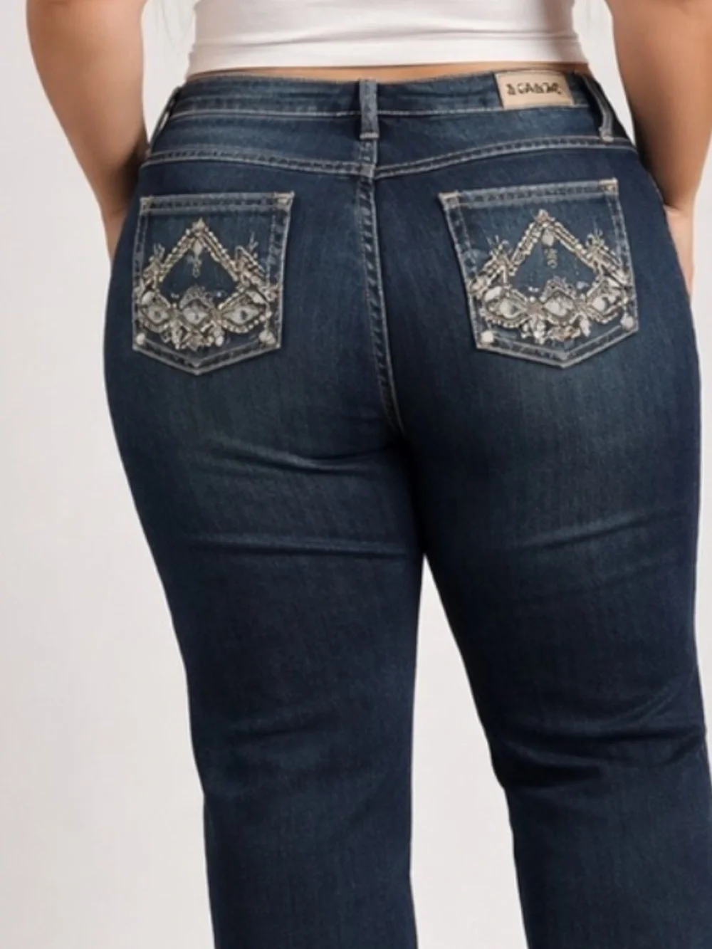 Embroidered Back Pocket Dark Blue Flare Jeans